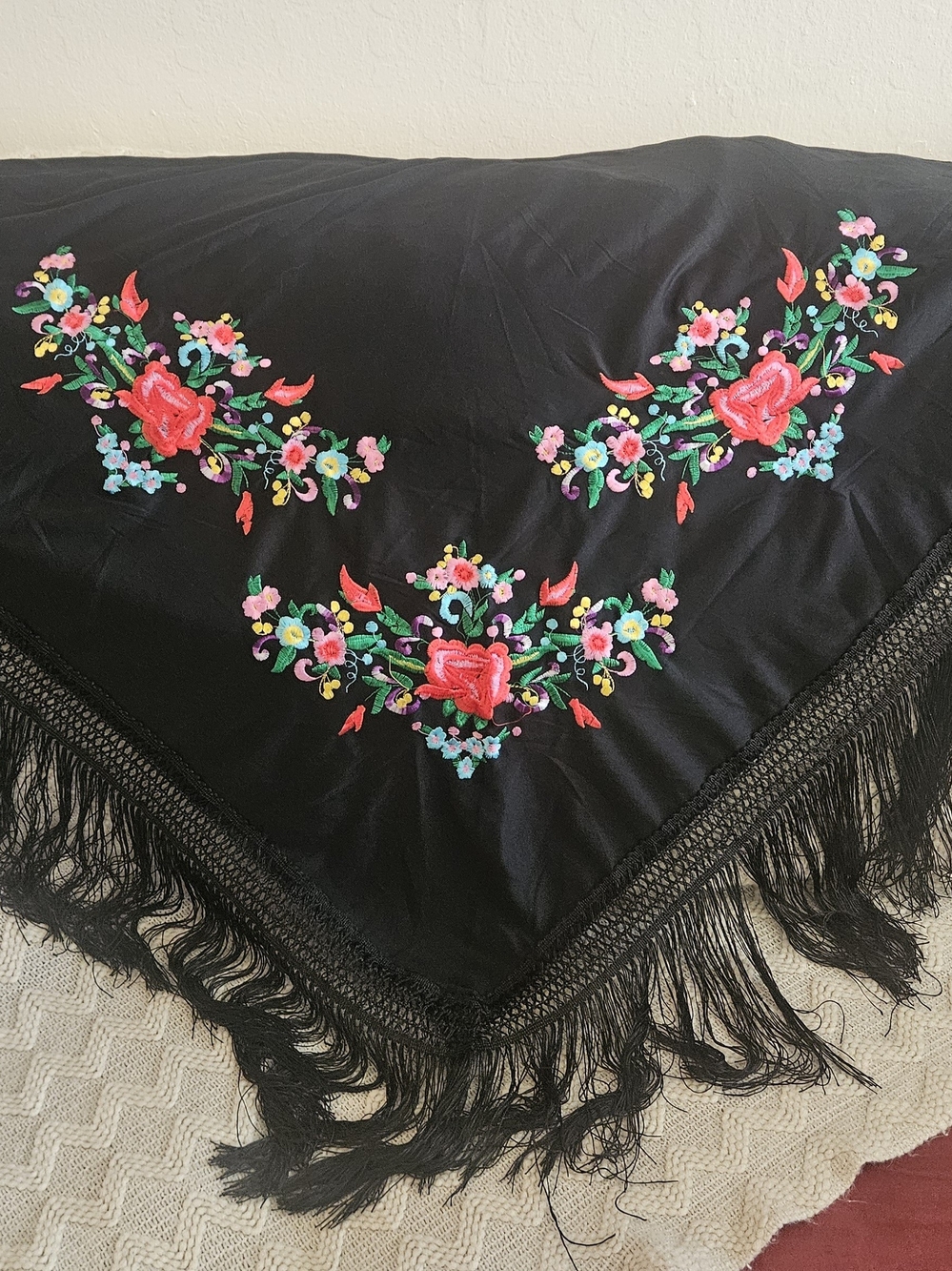 Black Floral Embroidered Fringe Shawl